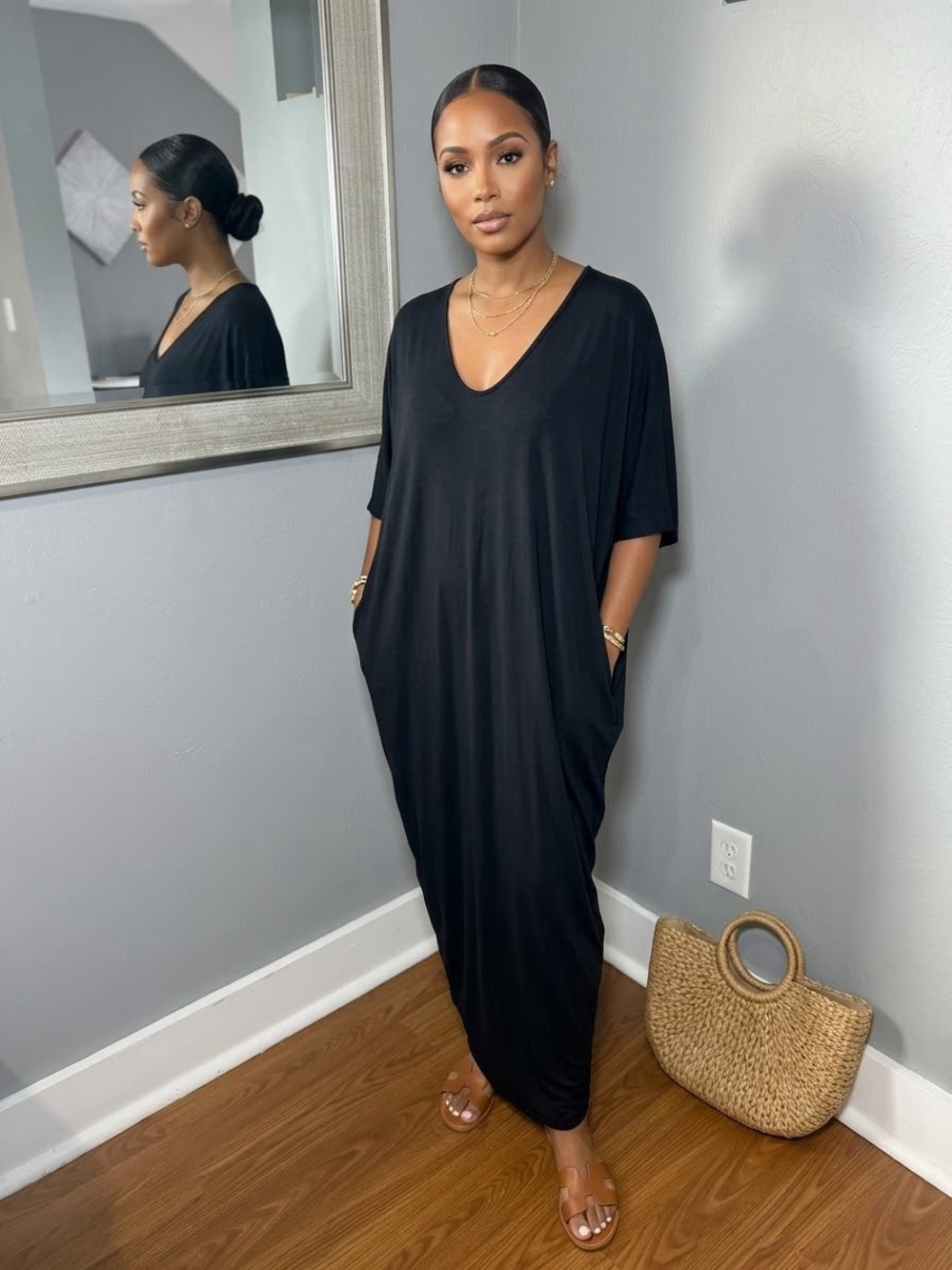 Barefoot Dreams Luxe Milk Jersey Caftan Black Soft Side Ruching OS